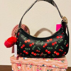 New Betsey Johnson Cherry Print Black Shoulder Bag